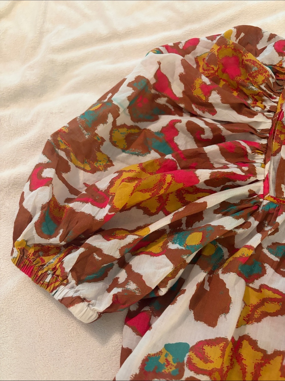 Cleobella Floral Button-Front Peasant Blouse in White, Brown, Mustard & Pink - Picture 3 of 3